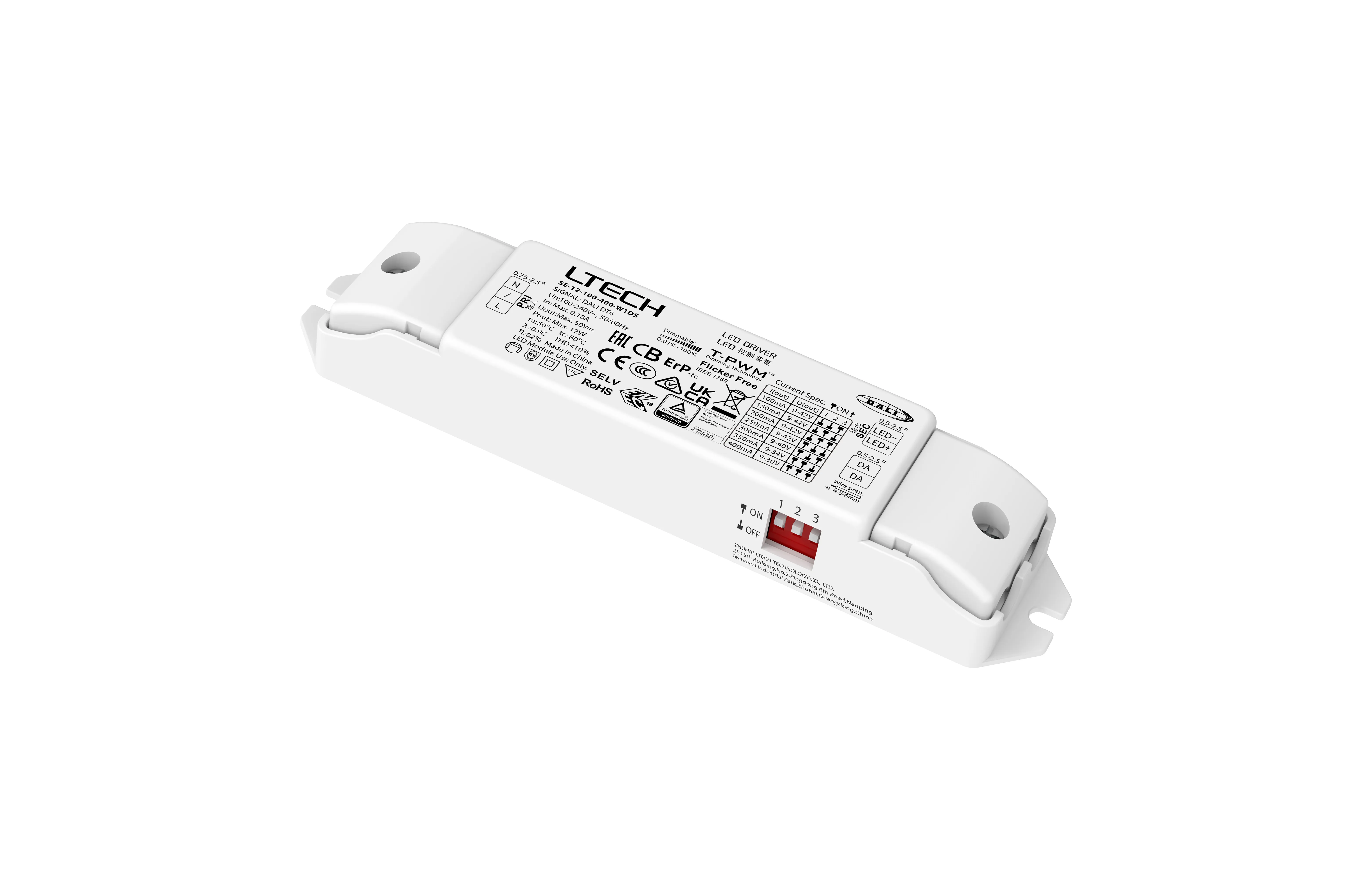 Intelligent LED Driver, DALI  0-100% Dim, PWM Digital Dim,DALI DT6, CC 12W 100-400mA 9-42Vdc  Out put Range.0.9-12W , IP20, 5yrs Warrenty.